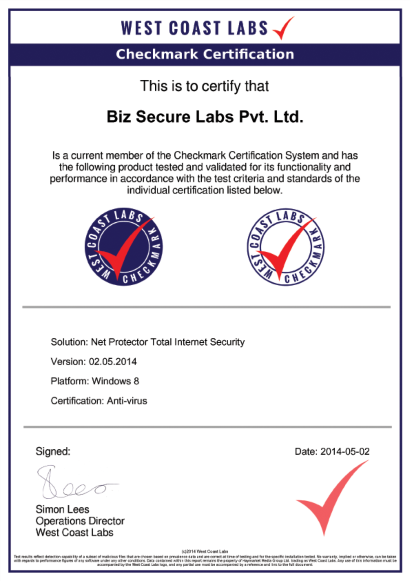 West Coast Labs Checkmark Certification
